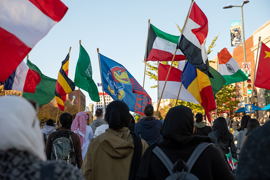 International flags displayed on Massachusetts Street